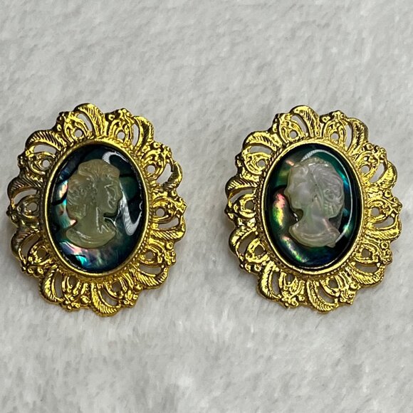 Vintage Gold-Plated Cameo Earrings With Abalone Shell Inlay - Picture 1 of 3
